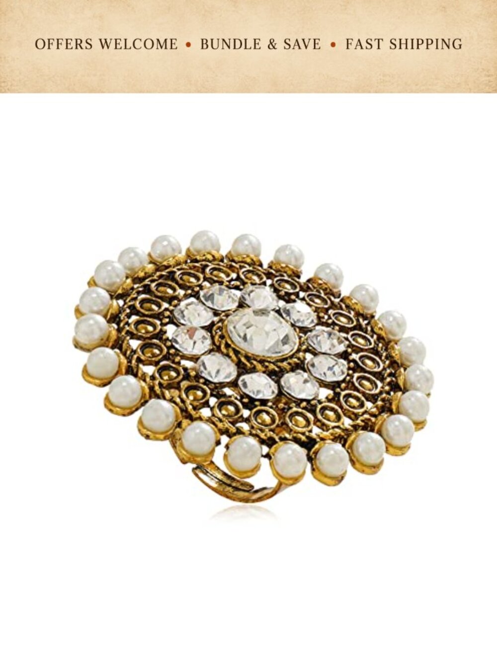 Boho CZ Shell Pearl Statement Ring Gold Tone Adjustable Open Wrap